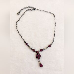 Givenchy Gunmetal Red Rhinestone Pendant Necklace 15" - 16"